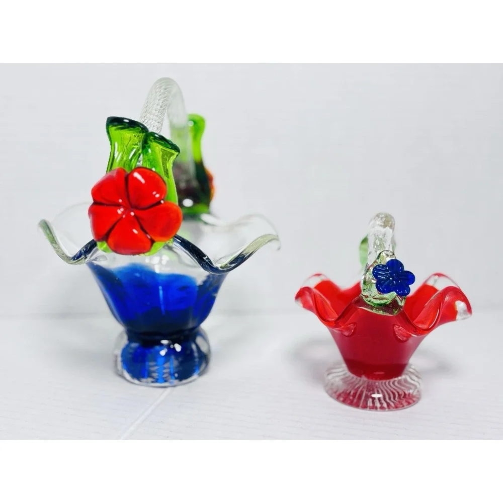 Vintage Murano Style Art Glass Basket Set Blue Red Pedestal Bowls Floral Handles